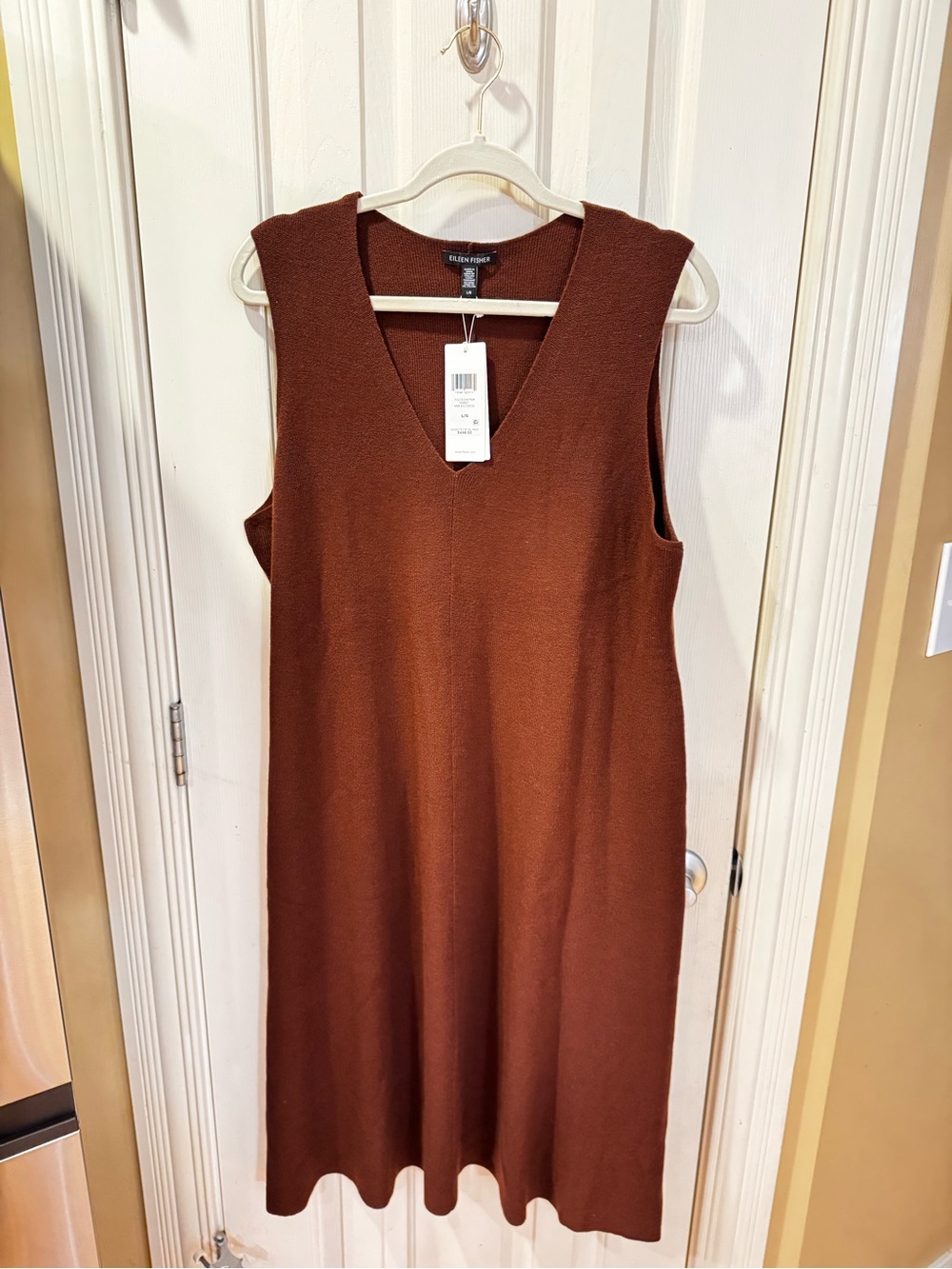 Eileen Fisher Dark Brown Sleeveless V-Neck Knit Asymmetrical Dress   Size L